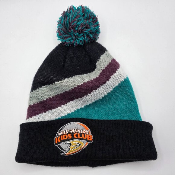 Anaheim Ducks Wild Wingers Kids Club Pom Beanie Striped Winter Hat One Size - Picture 2 of 8